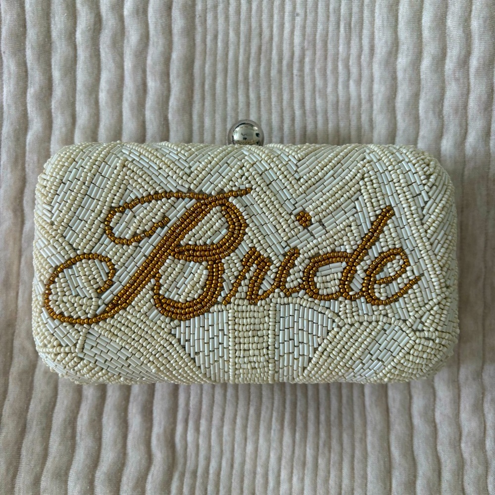 From St. Xavier Bride Beaded‎ Box Clutch in Ivory Amber Strap included
